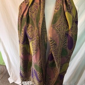 Paisley Scarf in Green, Purple, and Yellow Spectacular Eye Catching Cotton Poly